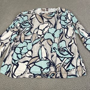 Chicos EasyWear Blouse Womens XL 3 Blue Gray Floral 3/4 Sleeve Knit Top Stretch